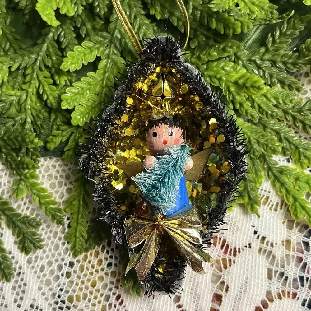 Vintage Diamond Tart Tin Angel & Tree Diorama Mid Century Style Glitter Ornament